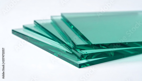 Stack of Clear Green Tinted Glass Sheets on White Background.