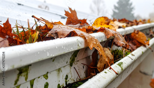 Clogged Gutter Filled With Autumn Leaves and Debris After Rain.