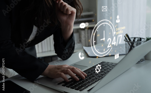 Concept of 24-hour customer service. Providing constant, non-stop support and assistance through multiple channels like phone, email, and chat for customer satisfaction. Fermion