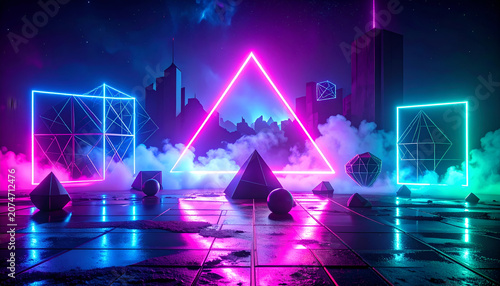 Surreal Neon Pyramid and Geometric Shapes in Smoky Cyberpunk Landscape.