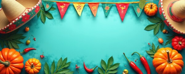 Sombreros and festive flags border colorful pumpkins and chili peppers. Mexican fiesta decor arranged on turquoise textured background. Copy space available for event details.