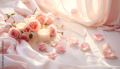 Soft Pink Roses and Candlelight on Delicate Fabric.