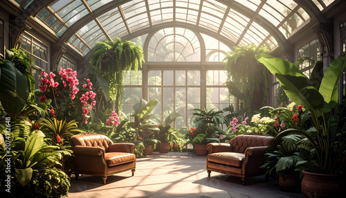 Luxurious Conservatory Filled with Lush Greenery and Blooming Flowers.
