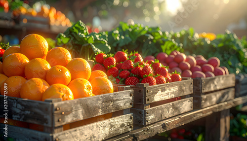Fresh Oranges Tomatoes Radishes and Greens at Farmers Market.