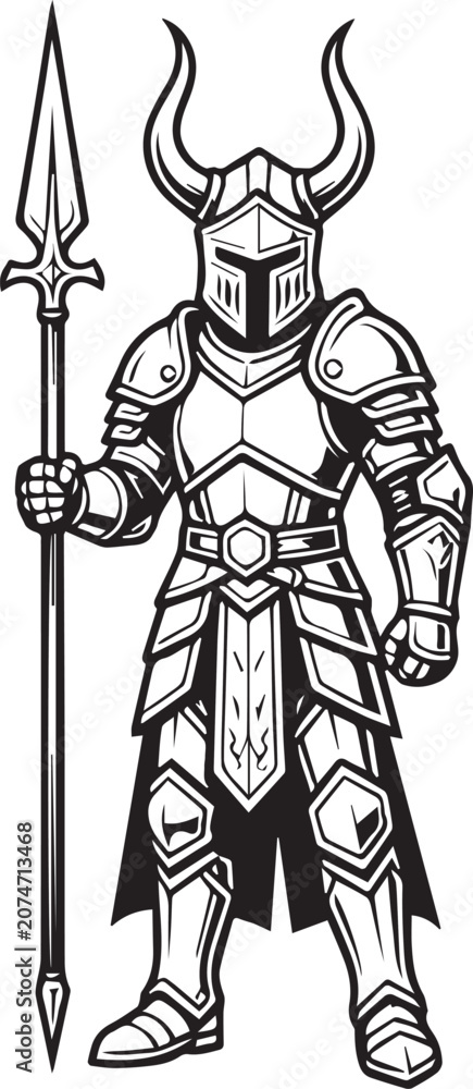 Obraz premium Armored Warrior Holding Spear with Horned Helmet, Medieval Fantasy black and white vector illustration 
