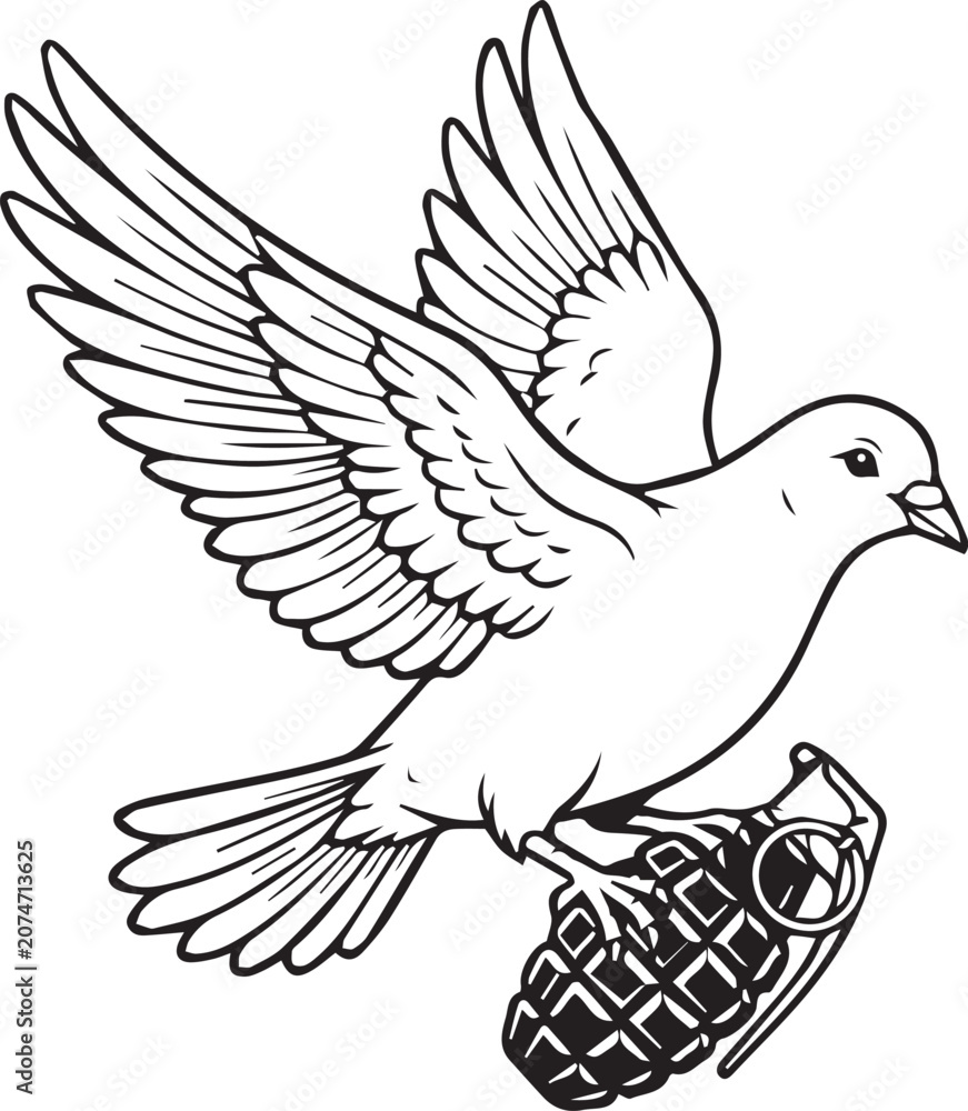 Obraz premium Soaring Dove Clutching Hand Grenade in Talons, Ironic Peace black and white vector illustration 