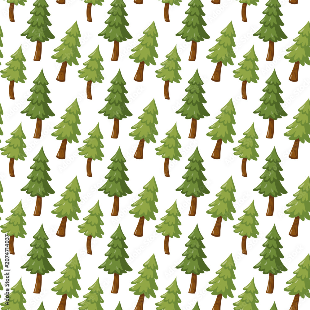 Obraz premium Seamless pattern with pine trees on white background. Vector forest nature background.