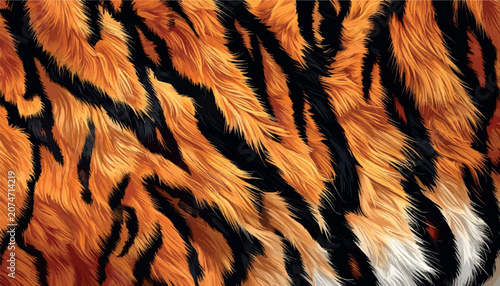 Foto Vector illustration of realistic tiger fur texture with iconic orange and black stripes, capturing the soft, dense, and flowing quality of animal pelt for background