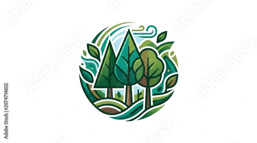 Fotografie Stylized Forest Scene with Trees and Leaves in a Circle.
