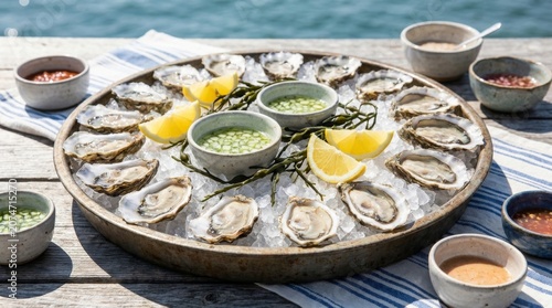 Fresh raw oysters on ice for summer seafood dining with shellfish appetizer delicacy restaurant