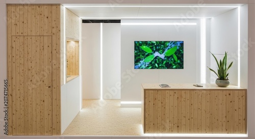Modern minimalist reception area with wooden accents, LED lighting, and a nature-themed screen display.