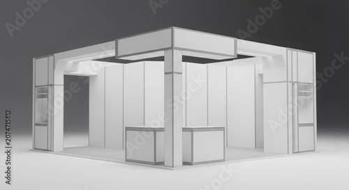 Empty white and grey modular exhibition stand or trade show booth with a clean, modern design, ready for customization.
