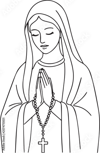 Virgin Mary in Prayer with Rosary Beads and Cross, Serene Religious Line Art Style black and white vector illustration
