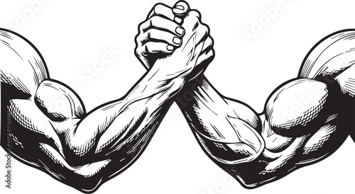 Two Hyper-Muscular Arms Locked in Intense Arm Wrestling Match, Bold Vintage Strength Illustration Style black and white vector illustration
