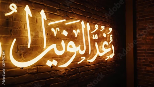 Blue neon Arabic calligraphy sign in dark room.