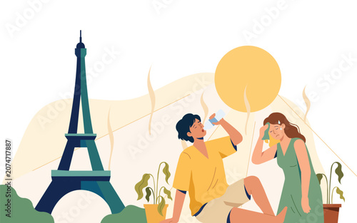 France heatwave concept with Eiffel Tower, extreme summer temperature and climate change vector design. 