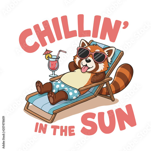 Red panda on beach chair relaxing.