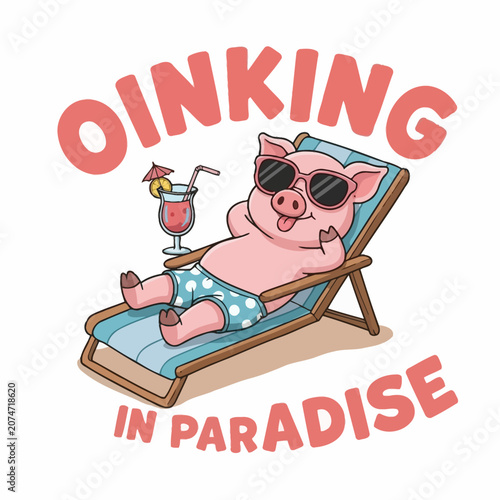 Pig Wearing Sunglasses on Beach Chair.