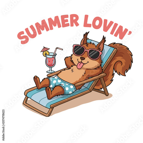 Squirrel wearing sunglasses on beach chair.