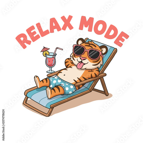 Tiger wearing sunglasses on beach chair.