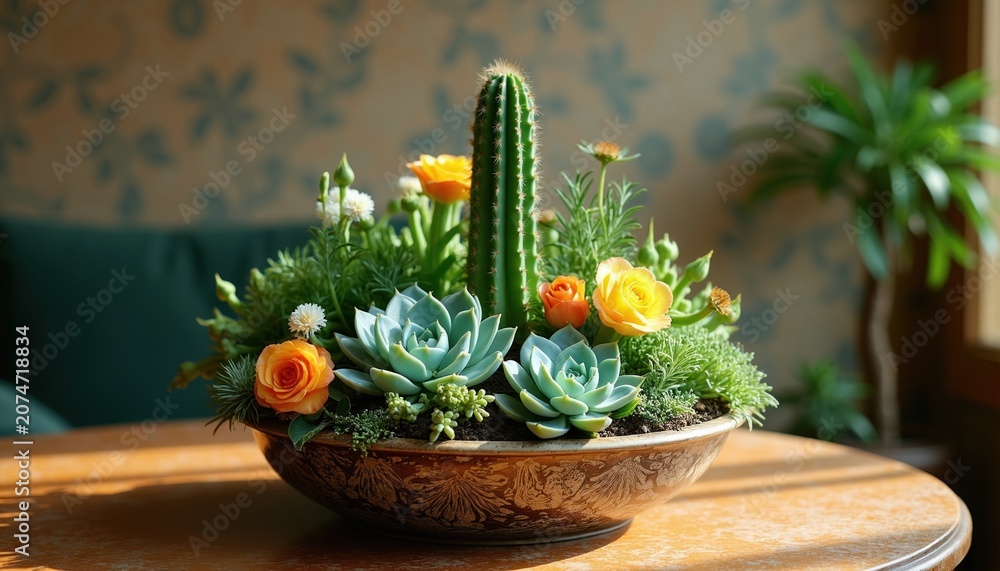 Fototapeta premium Assorted succulents, cacti form unique arrangement inside decorative pan. Diverse flora sits atop wooden table near window. Natural light highlights textures, colours of desert plants. Minimalist