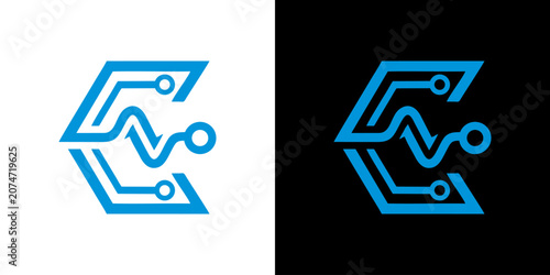Tableau sur toile Technology logo features circuit board design on white and black backgrounds