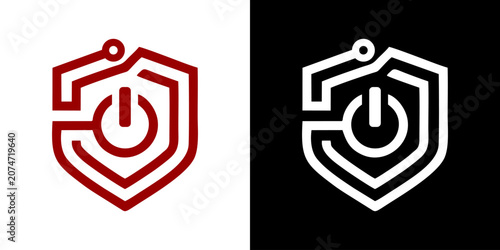 Cuadro en lienzo A graphic illustration of a shield with a power symbol inside on both white and black backgrounds