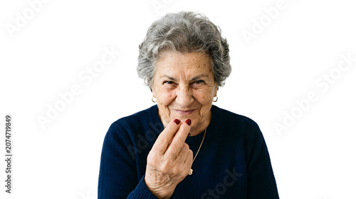 Elderly woman with gray hair making Italian hand gesture asking what do you want PNG Isolated on transparent background