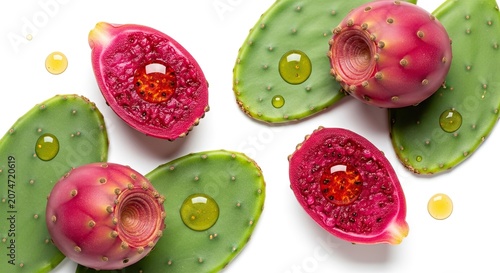 Prickly Pear Cactus Fruit and Pads with Oil Drops - Healthy Food Concept