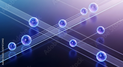Abstract Digital Data Transmission Network with Glowing Blue Spheres for Technology, Biotechnology, and Scientific Research Background