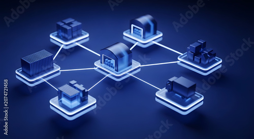 Smart Logistics Supply Chain Automation and Global Distribution Network Concept with Digital Warehouse Nodes and Transport Icons in 3D Isometric