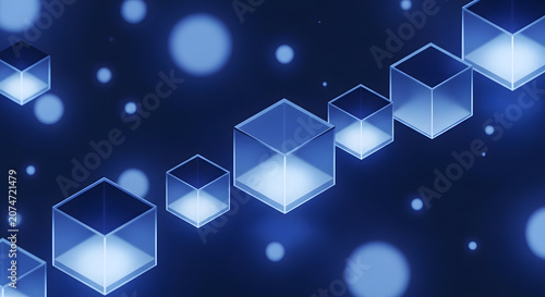 Digital Blockchain Data Network Concept with Glowing Blue 3D Cubes for Cloud Computing and Information Technology Background