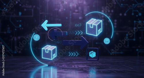 Digital Supply Chain Management and Smart Logistics Technology Concept with Neon Package Icons for E-commerce and Global Shipping
