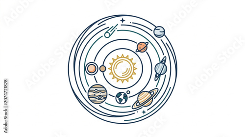 Fotografie Solar System Planets Orbiting Sun Celestial Bodies Illustration.