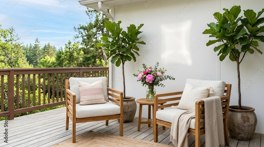 Fototapeta premium Cozy Balcony Seating Area with Potted Plants