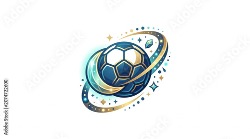 Soccer ball orbiting like a planet with stars and rings.