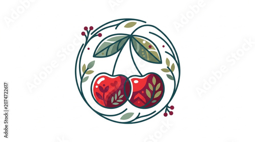 Two ripe cherries with leaves in a circular frame.