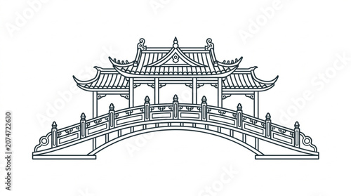 Traditional Asian Bridge Architecture Line Drawing.