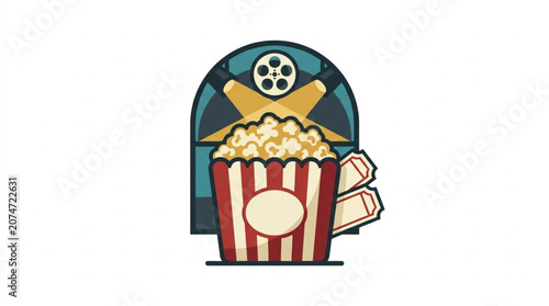 Popcorn and movie tickets in front of a film reel.