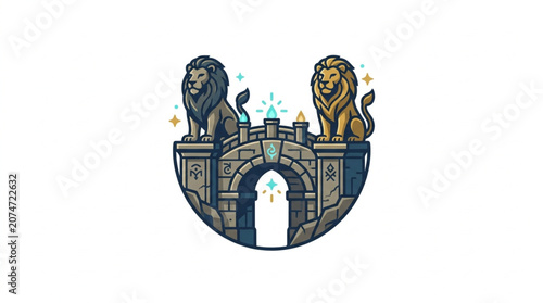 Two majestic lion statues guarding an ancient stone bridge archway.