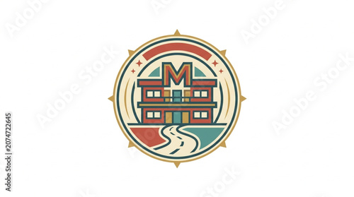 School building with road and compass emblem illustration.