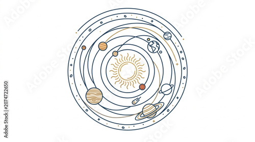 Stylized Solar System Illustration with Planets Orbiting Sun.