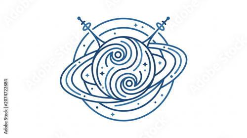 Stylized planet with rings and satellites in outer space.