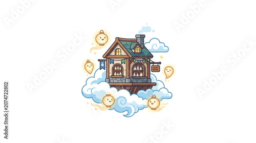 Whimsical Cottage Floating Amongst Clouds and Clocks.