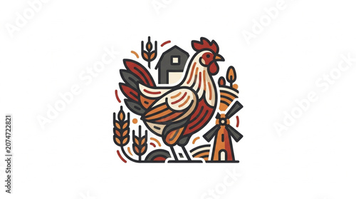 Stylized Rooster Illustration with Farm Elements.