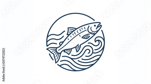 Salmon Jumping Upstream Through Waves in Circle Illustration.