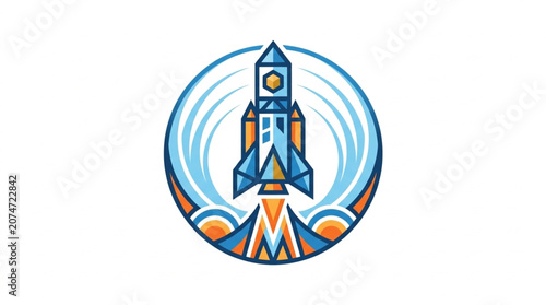 Stylized Rocket Launching Upward in Circular Emblem.