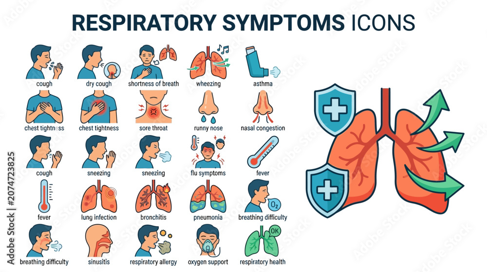 Fototapeta premium Detailed illustration of human lungs and respiratory symptoms icons.