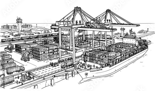 Cuadro en lienzo Cargo ship and container terminal vector set with port cranes and maritime logis