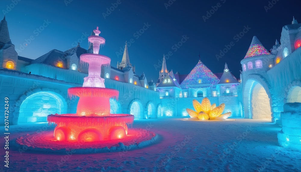 Fototapeta premium Illuminated ice hotel complex at night with glowing sculptures and colorful lights. A fountain and lotus flower art piece are visible. Winter wonderland architecture in snowscape.